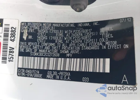 2012 Toyota Sienna Le V6 8 Passenger из США, поврежденный, VIN 5TDKK3DC2CS272608